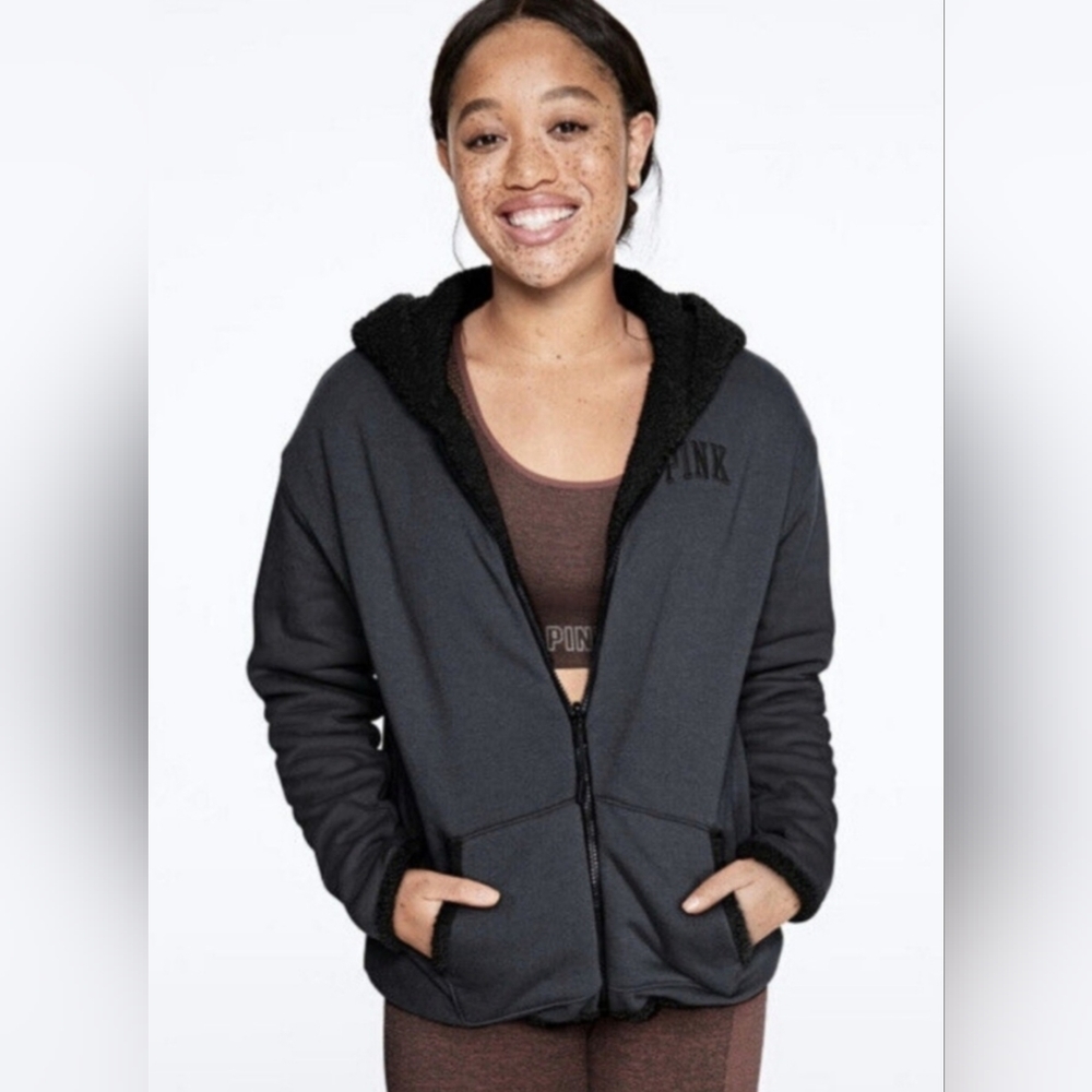 Victoria’s Secret Pink 2 in 1 Reversible Sherpa Lined Full-Zip Hoodie Size Small
